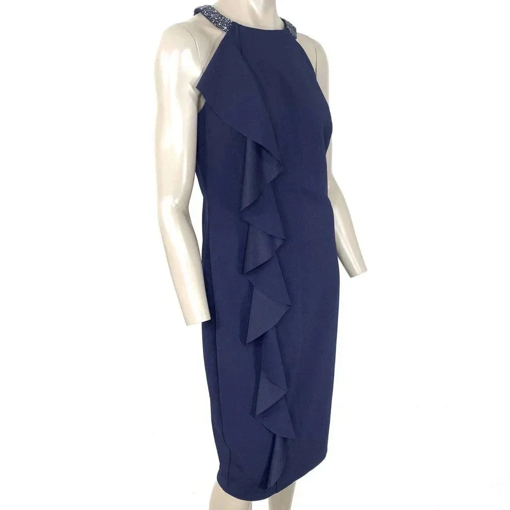 Lauren Ralph Lauren Halter Beaded Cocktail Pencil Dress Women Size 8 Blue Ruffle - Picture 4 of 15
